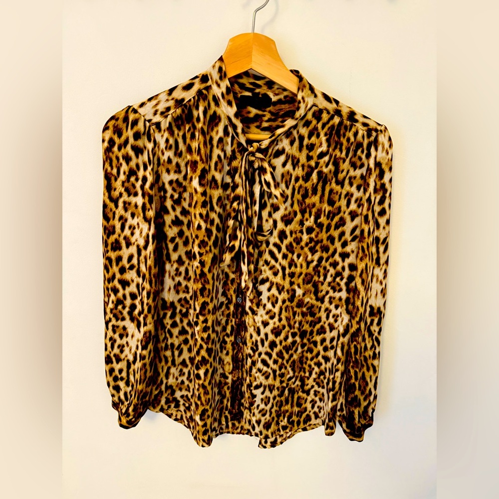J. Crew Long-Sleeve Leopard Print Blouse with Tie Neck, Size Small